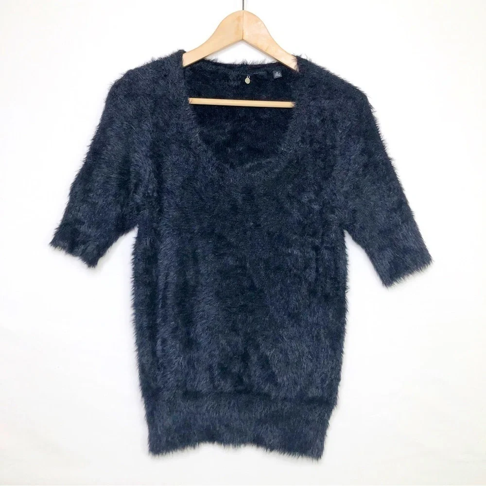 Knitted and knotted black, eyelash, scoop, neck sweater